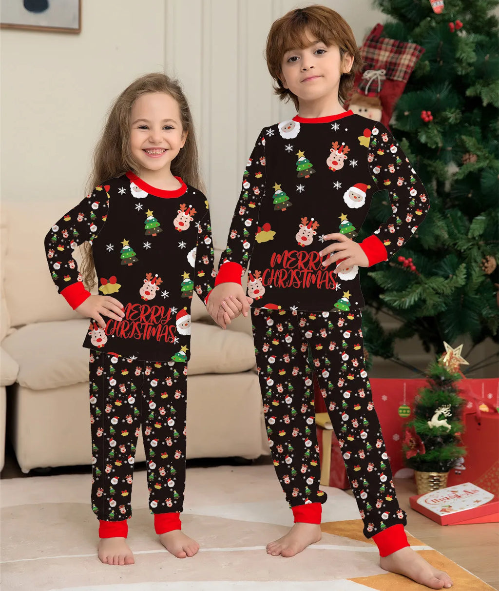 Family Christmas matching pyjamas set in cotton fabric with plaid and cartoon designs