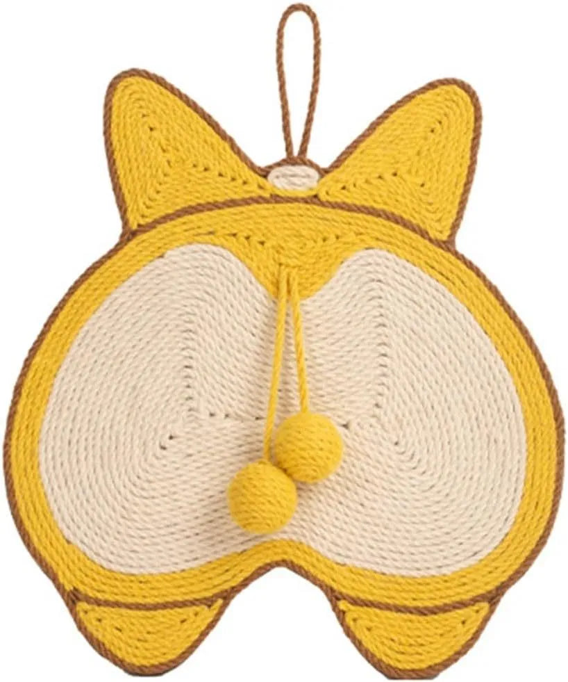 Yellow cat scratching pad with corgi butt design on natural sisal surface, 37cm by 40cm with anti-slip base