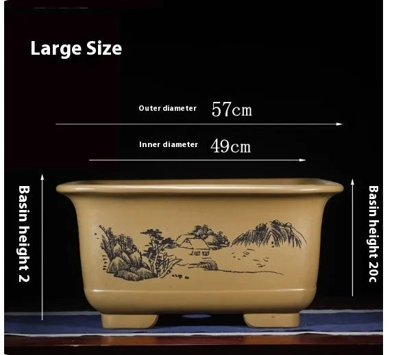 Large Chinese-style antique purple clay flower pot for indoor bonsai trees.