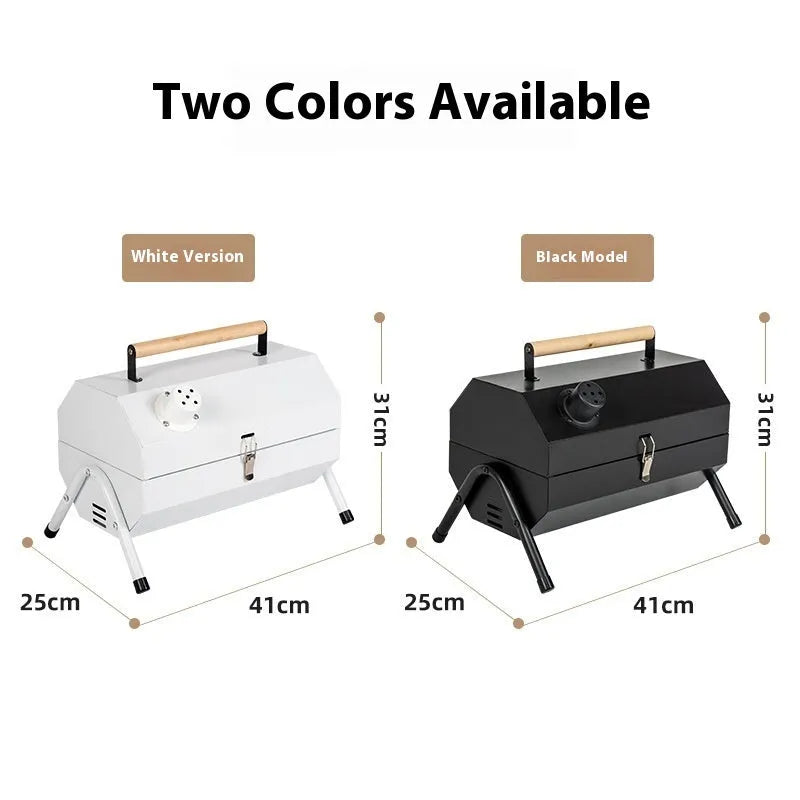 White round portable charcoal barbecue grill with folding design and detachable components