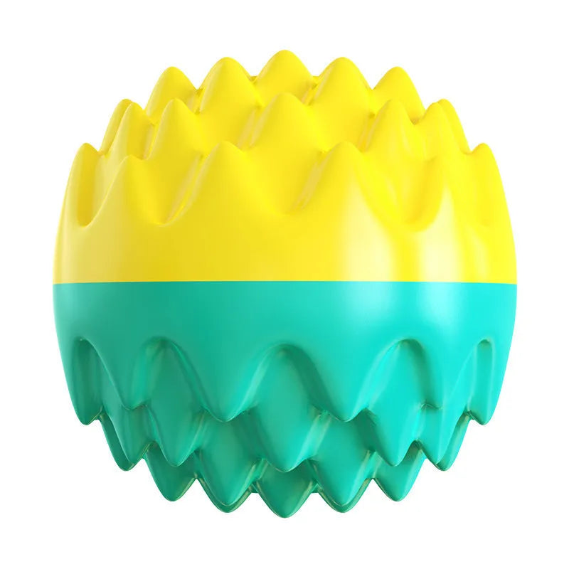 Blue or orange spiky rubber dog ball with dental cleaning texture and squeaker