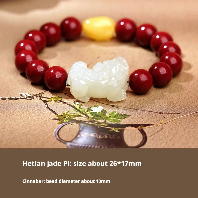 Hetian Jade bracelet with a black and red braided rope band and a central jade bead.
