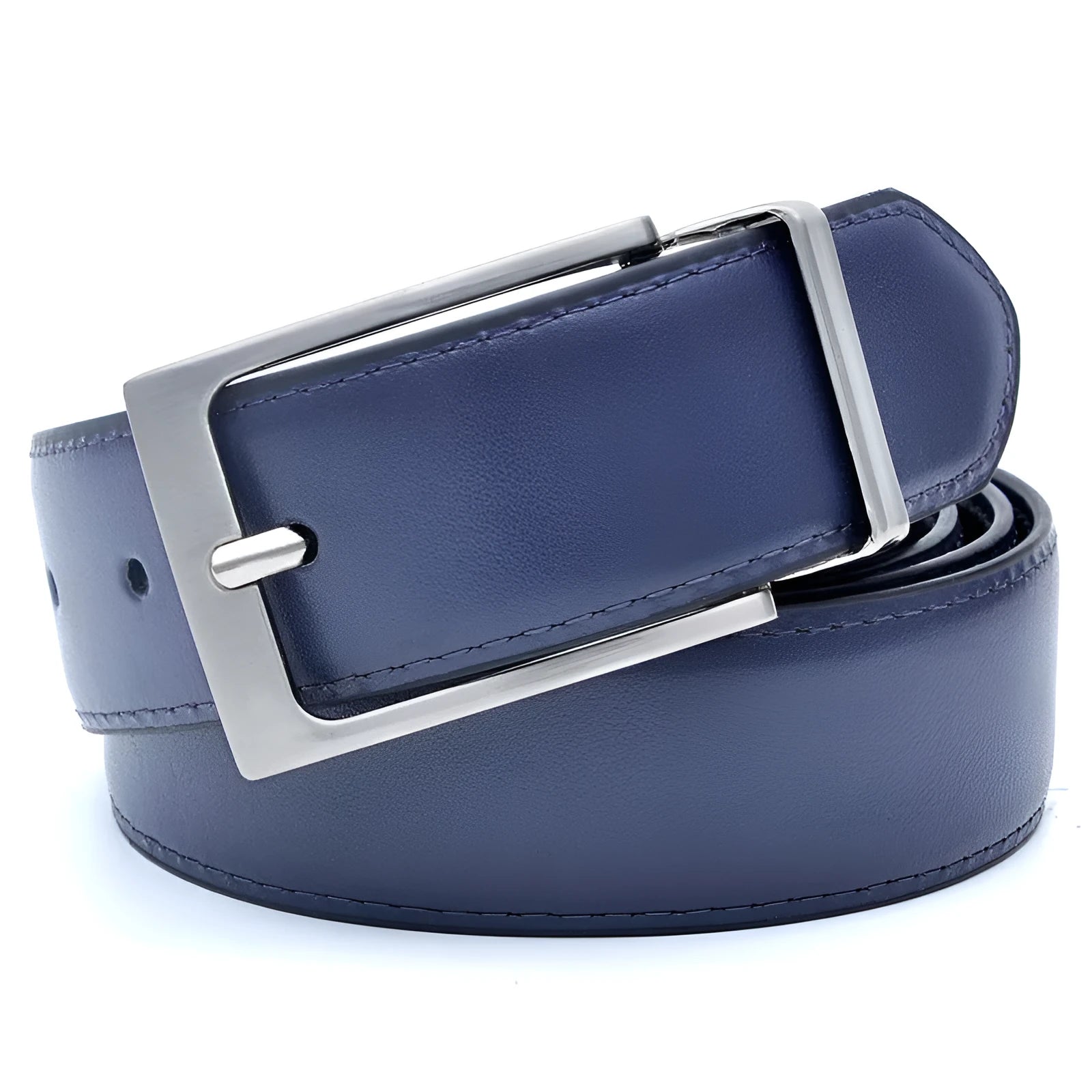 Men's brown and black genuine leather belt with rotating pin buckle showing 2-4cm width