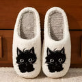 White plush slippers with Black Beard cat cartoon design for couples, showing non-slip sole.