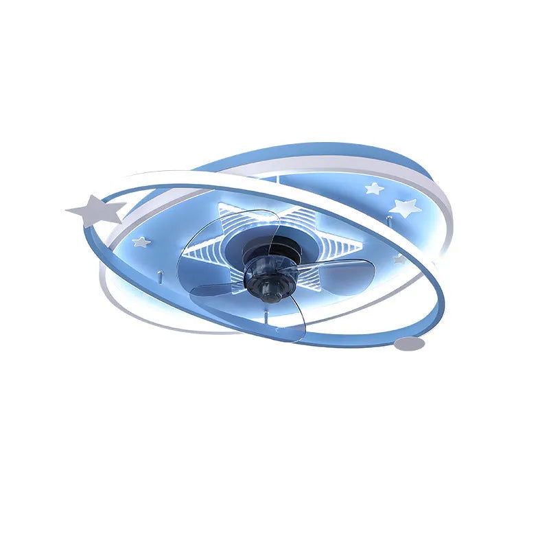 Modern blue children's bedroom ceiling fan light with remote control and acrylic shade.