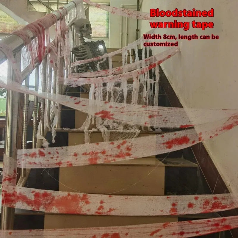 Halloween bloody red and white polyester gauze bandage rolls showing 8cm width, for decorations and costumes.