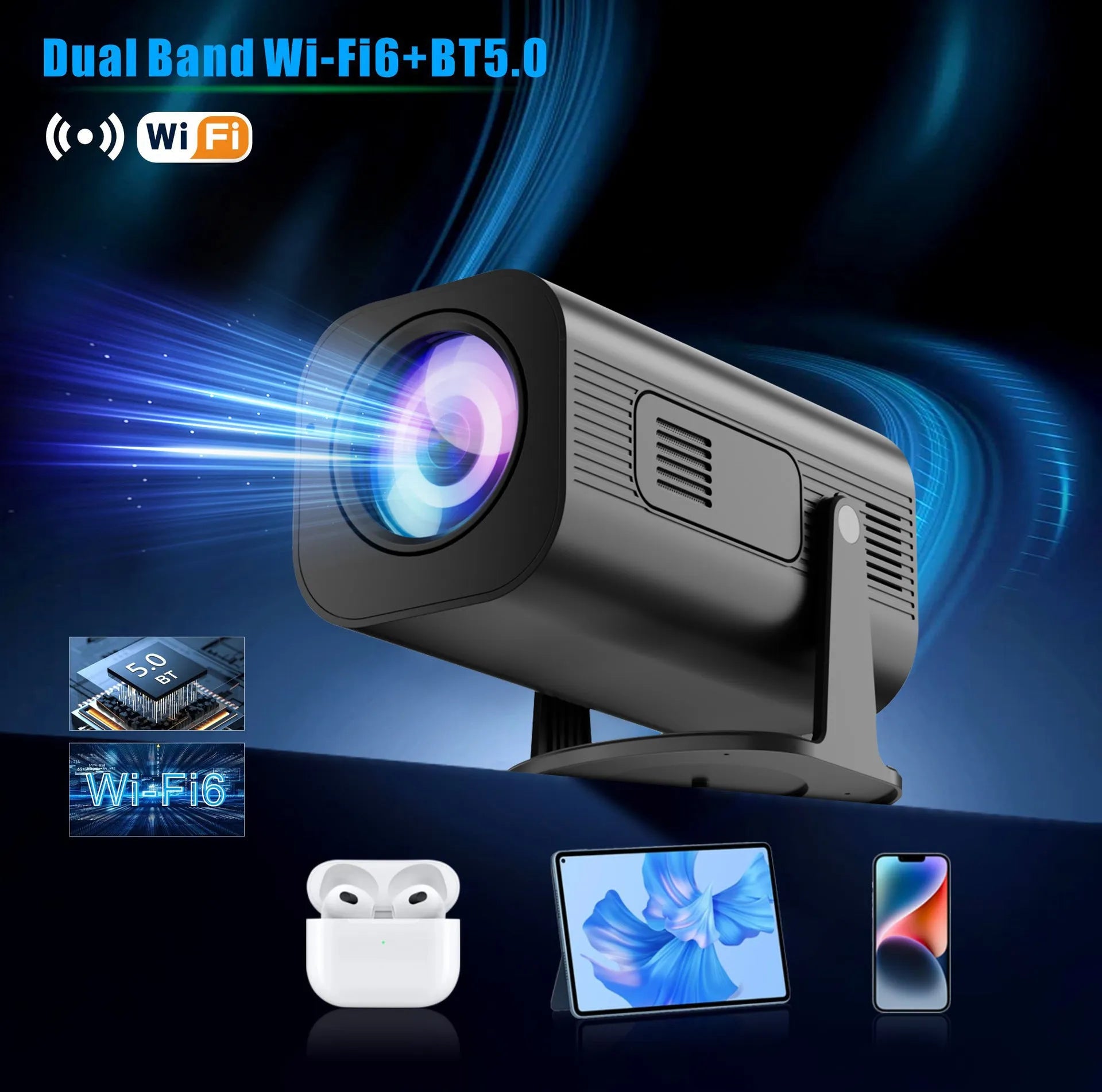 Black P330 portable mini projector with remote control on a table, for mobile phone streaming.