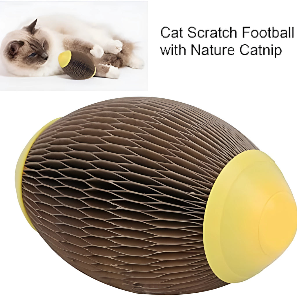 Ellipse-shaped catnip ball toy made of recycled corrugated paper, showing scratch surface and size.
