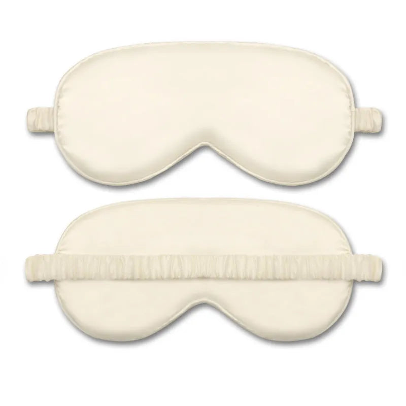 Double-sided Rayon elastic satin sleep mask shown in multiple colour options including sky blue, black, wine red, and light pink.