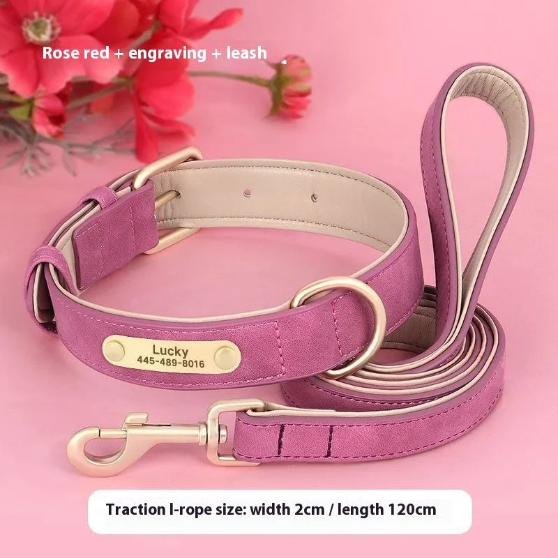 Double-layer leather dog collar with mohair lining and attached traction rope in blue colour