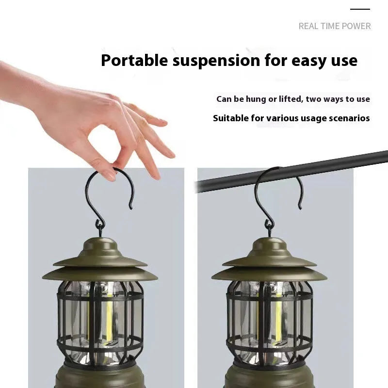Dark green portable camping lantern with super bright LEDs, shown with a dry battery for scale.