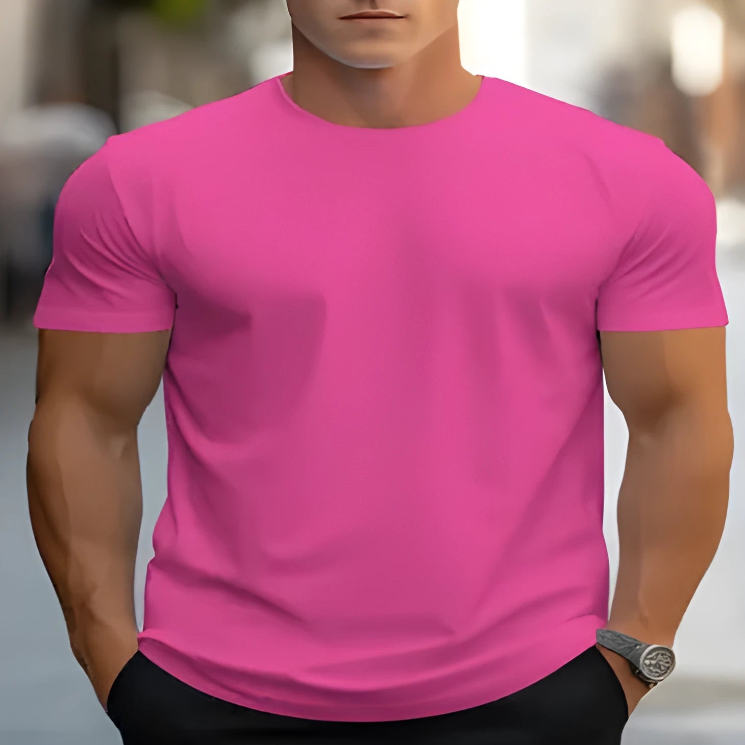 Men's loose fit printed T-shirt in polyester bird eye cloth fabric with round neck and short sleeves
