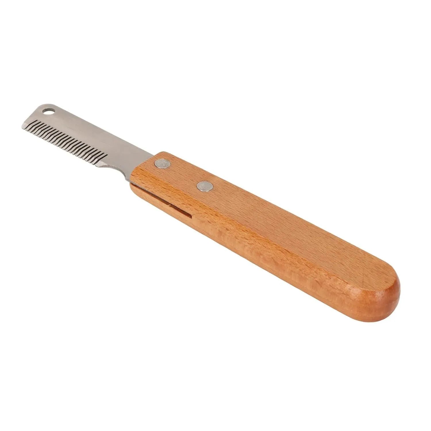 Pet grooming comb with wood handle and metal teeth for removing floating hair from dogs and cats