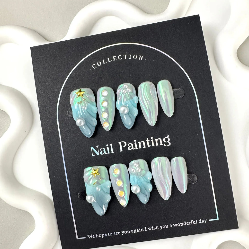HAILANG blue plastic wearable shell nail tips in sizes XS, S, M, L on a white background.