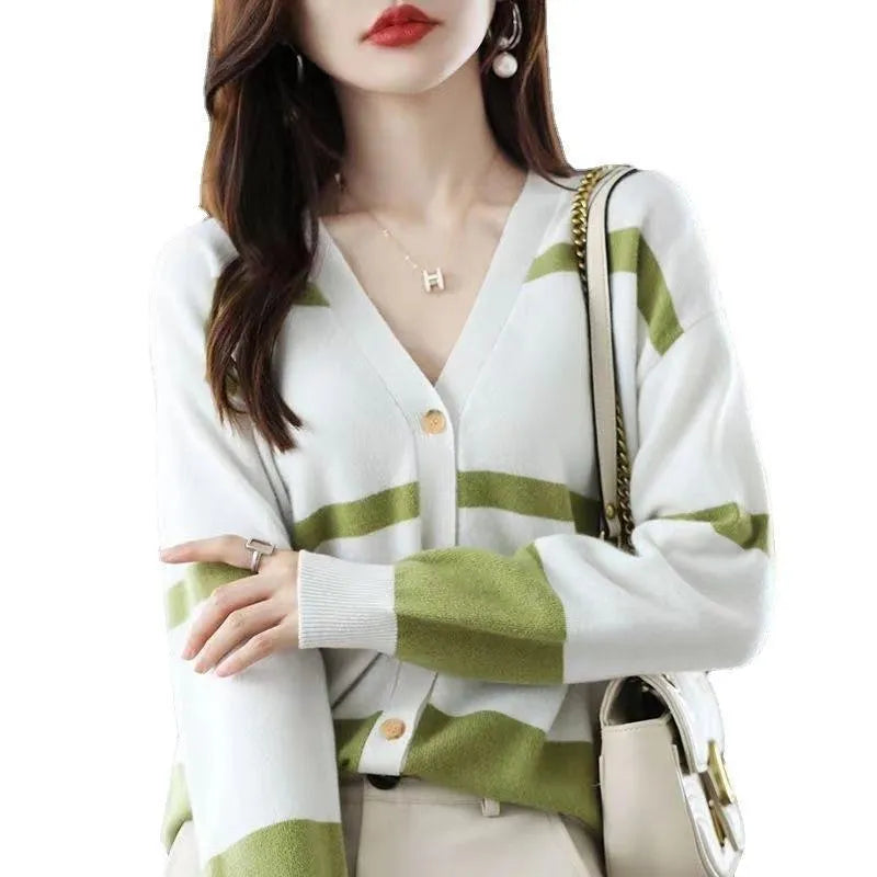 Women's striped knitted cardigan with V-neck, button front, and 3D pattern texture