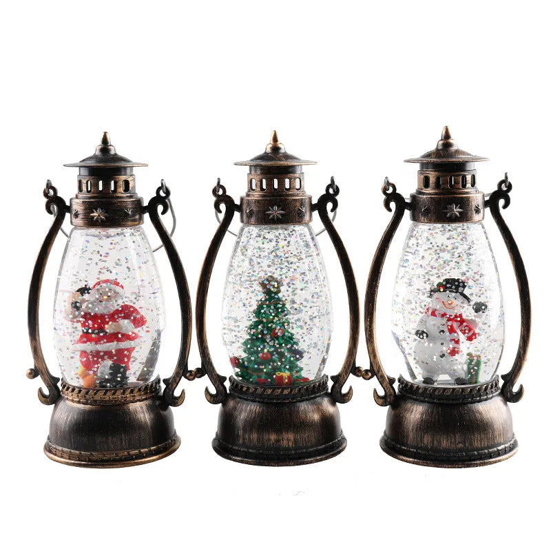 Crystal ball LED Christmas ornament showing snowman and elderly oil lamp design variations
