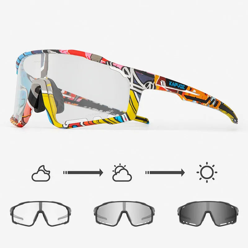 Photochromic cycling sunglasses with a semi-rimless TR90 frame on a solid colour background.