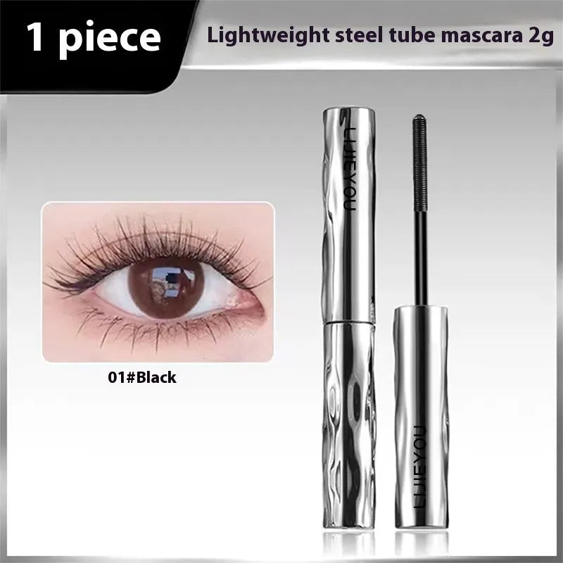 Waterproof steel tube mascara with black or brown shades and optional eyelash curler
