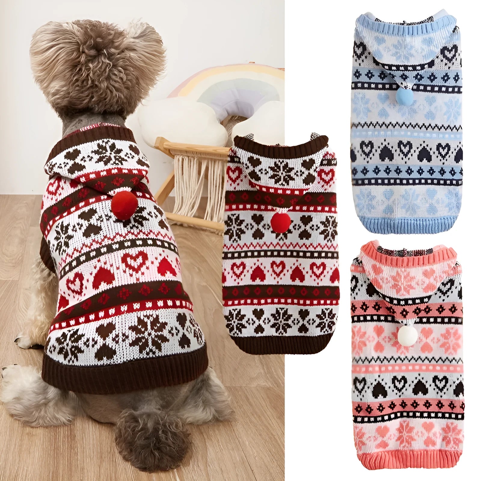 Blue striped camouflage dog sweater with snowflake patterns on small white Bichon