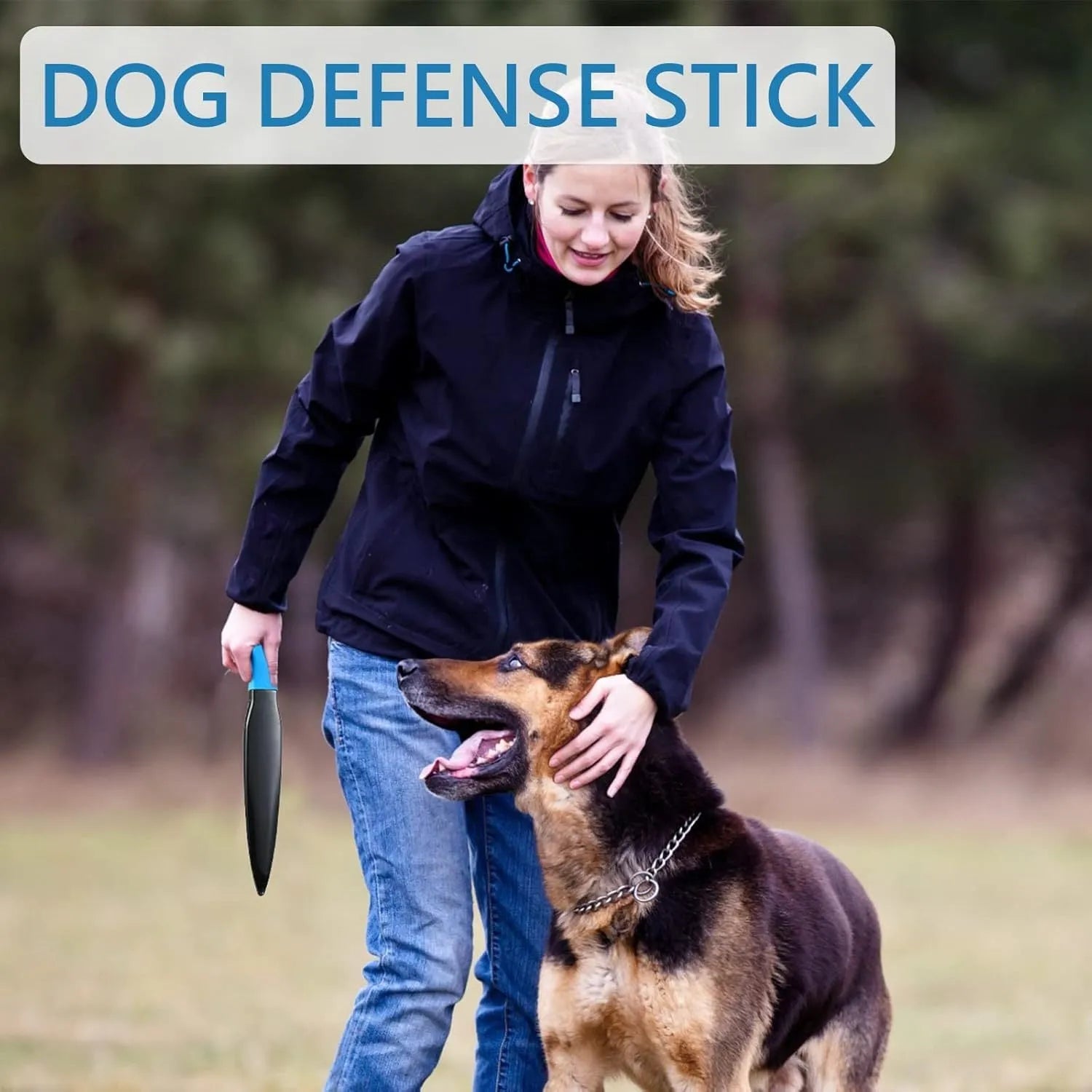 Blue handled dog break stick made of nylon, measuring 35 cm long, for training small and medium dogs.