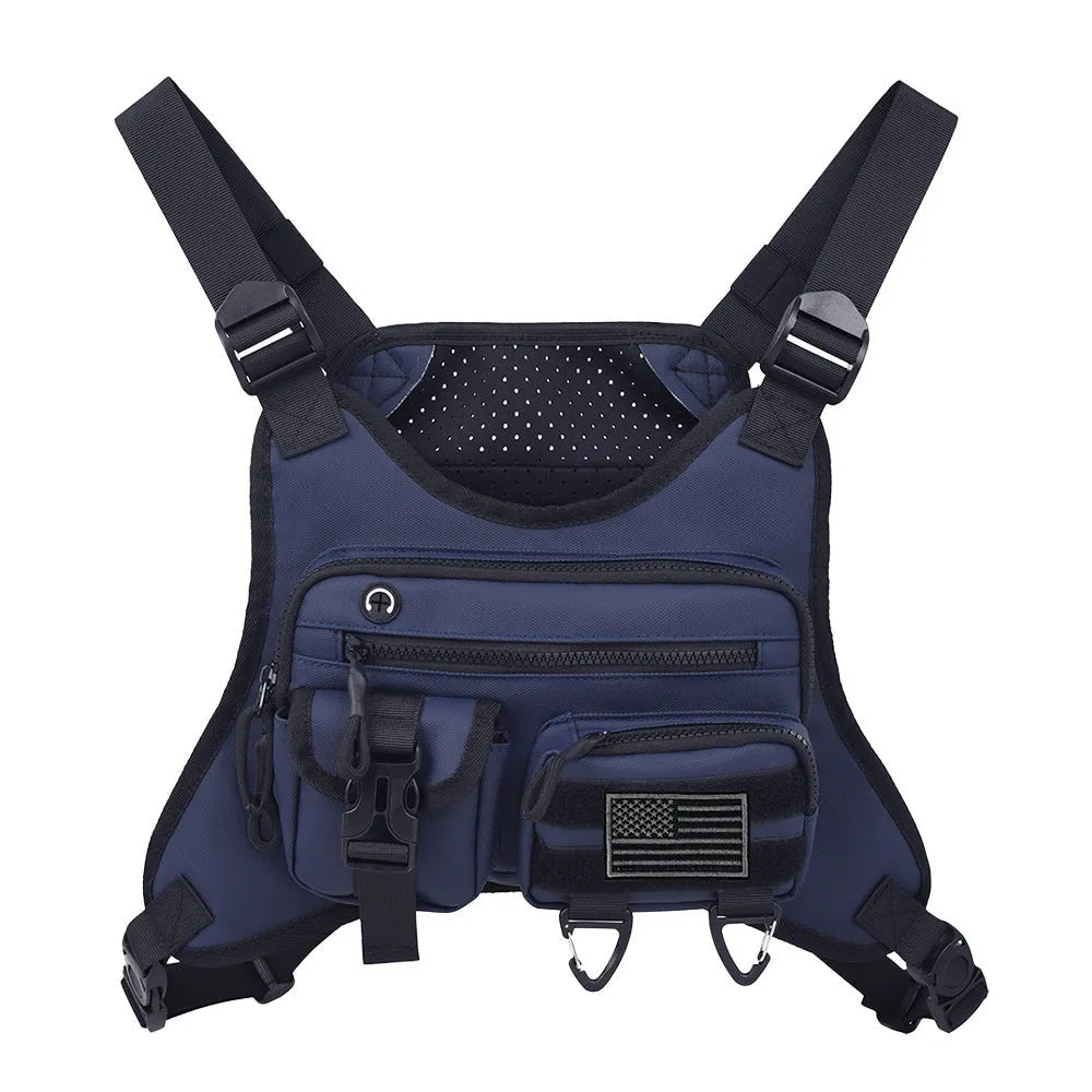 Oxford cloth chest bag with breathable vest design in black, blue, or grey for outdoor sports and riding