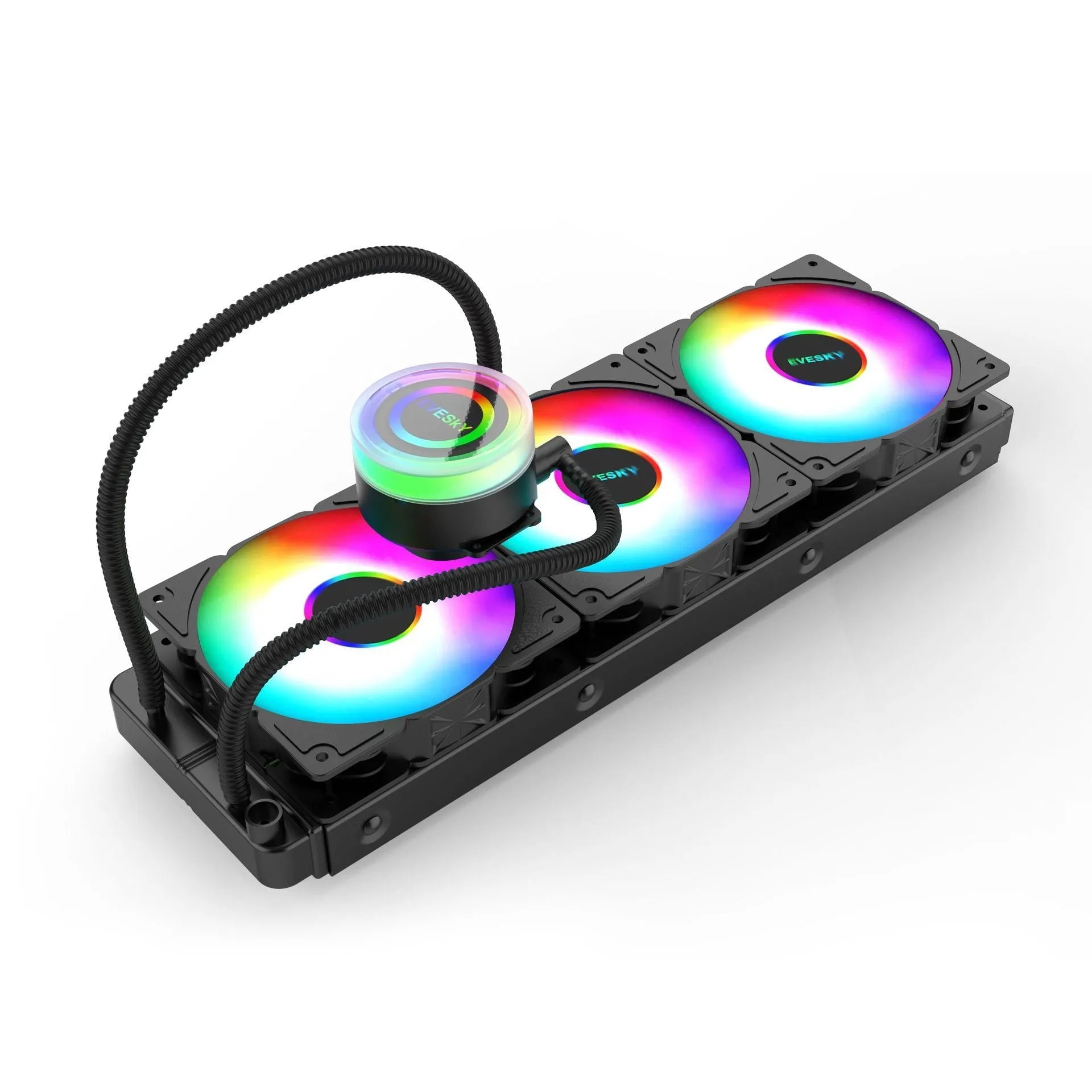 Aluminium CPU radiator with fan, shown in 120mm, 240mm, and 360mm sizes with RGB lighting option.