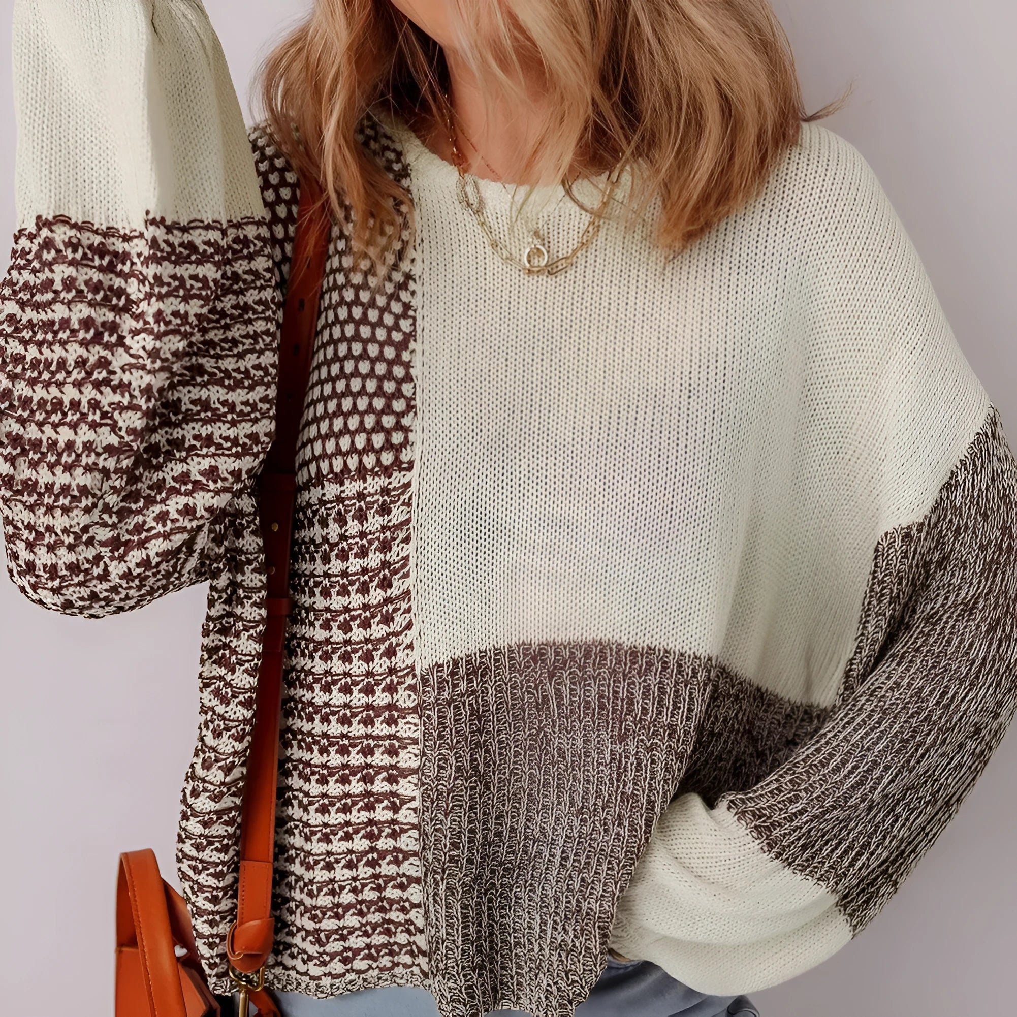Dark khaki colour block loose sweater with back tie and drop shoulders.