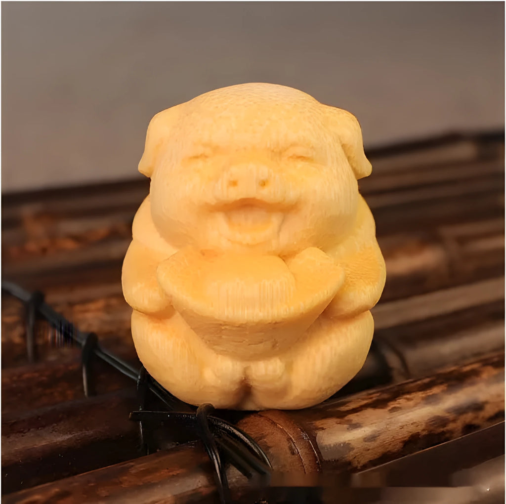 Fulu pig bamboo carving ornament measuring 4cm height with 3.5cm diameter in solid bamboo material