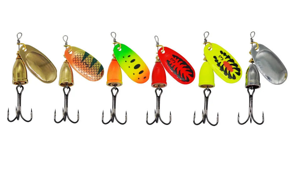 Composite rotating sequin fishing lure with copper bell in multiple colour variations