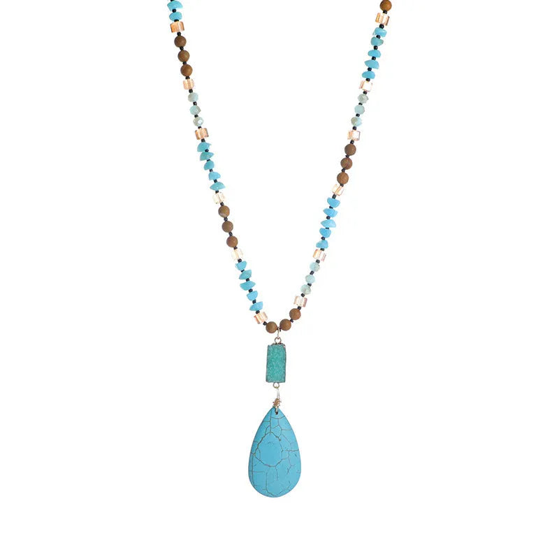 Turquoise water drop pendant fashion necklace with heart-shaped mixed gem inlay on ball bead chain