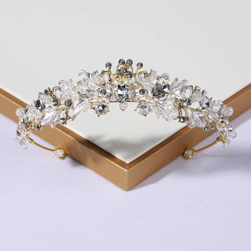 Women's pearl crown headdress hair accessory with electroplated alloy construction in gold or silver colour