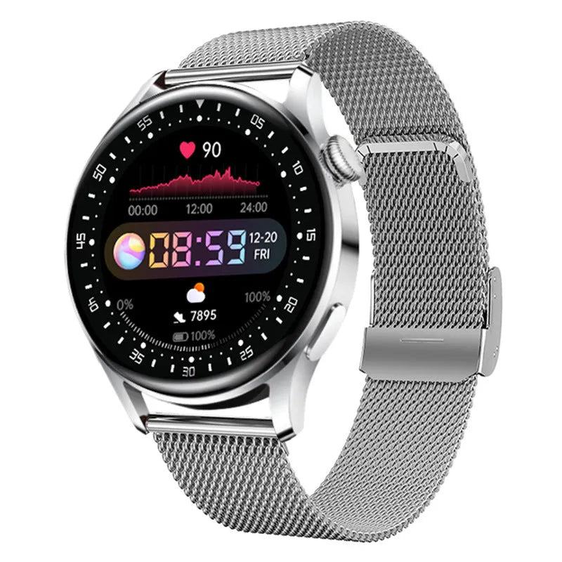 Sports smart watch with circular touchscreen display showing health metrics and payment interface