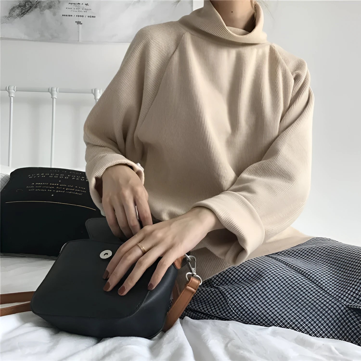 Women's pure colour half-high collar long sleeve loose top in apricot, white, or black.