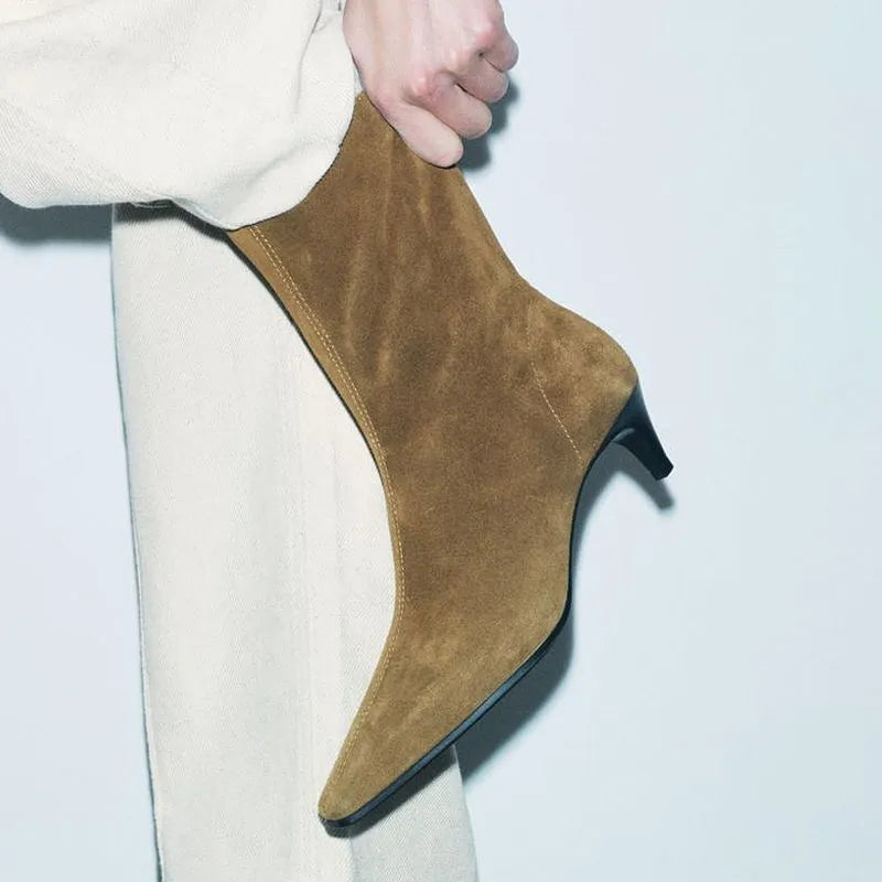 Brown women's square toe mid calf boots with a side zipper and a low kitten heel.