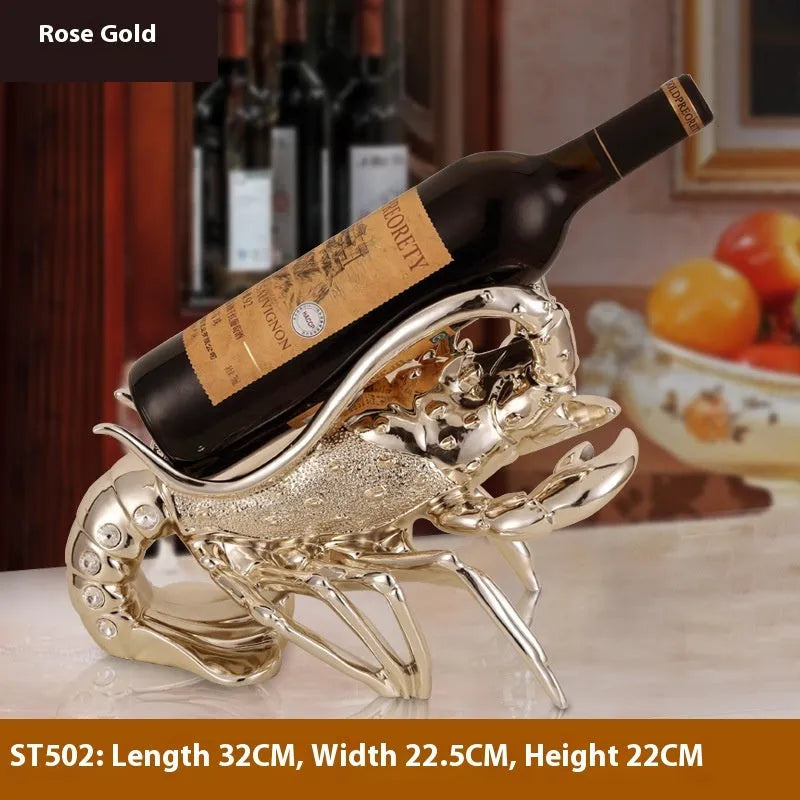 Lobster-shaped wine rack ornament in metallic finish displaying wine bottle