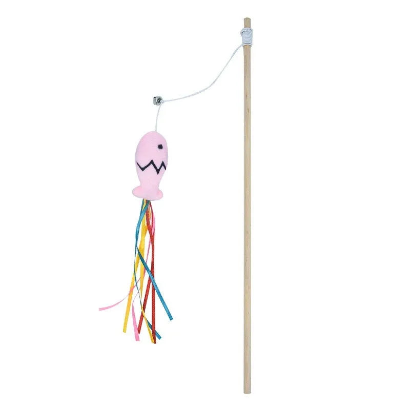 Cat wand toy with colourful ribbons, catnip fish, and bell on wooden handle