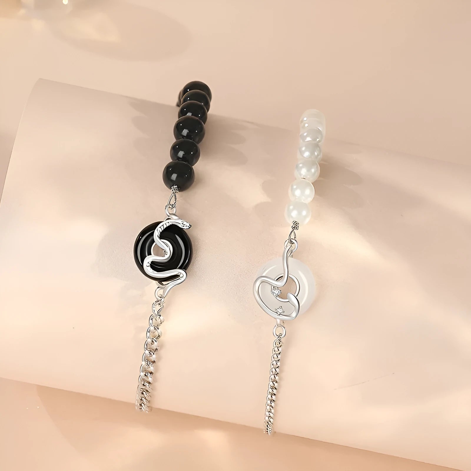 925 sterling silver couple bracelets with snake charms and safety buckle clasps