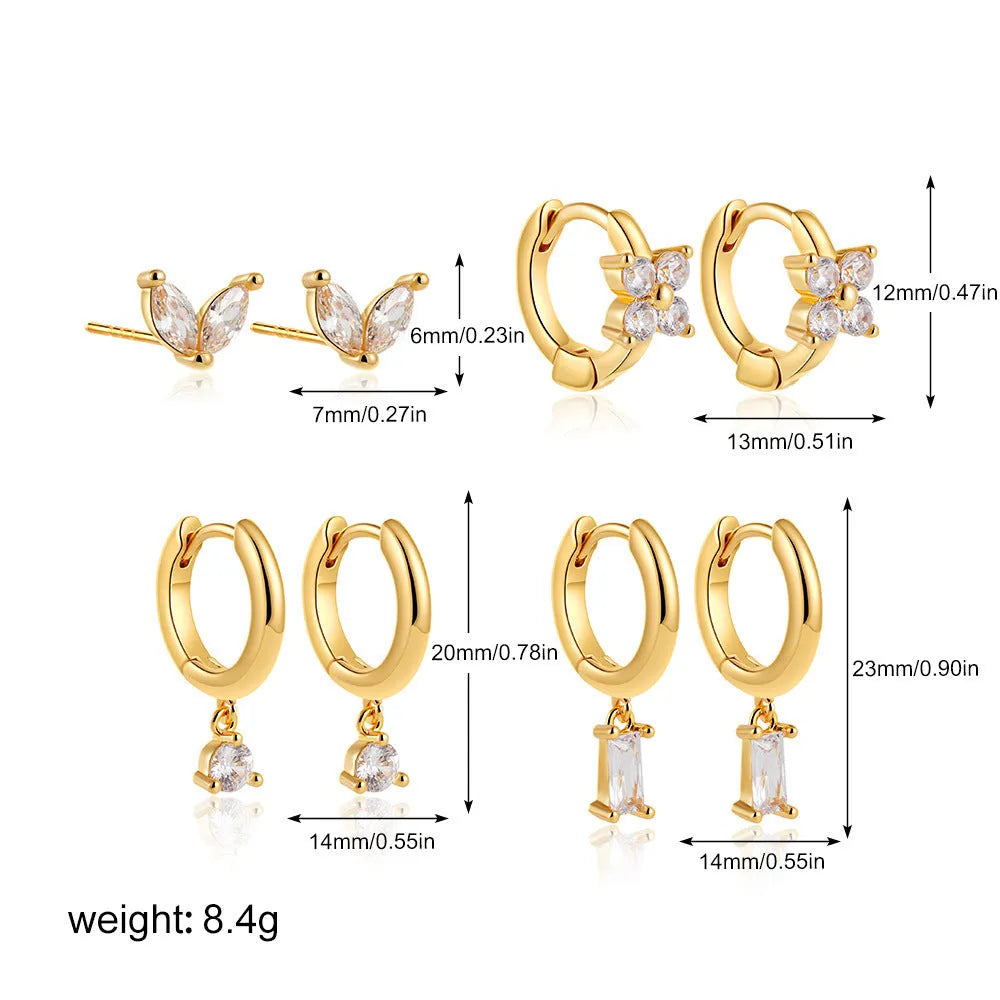 Geometric square copper earrings with zircon plating in gold and silver four-piece sets for women