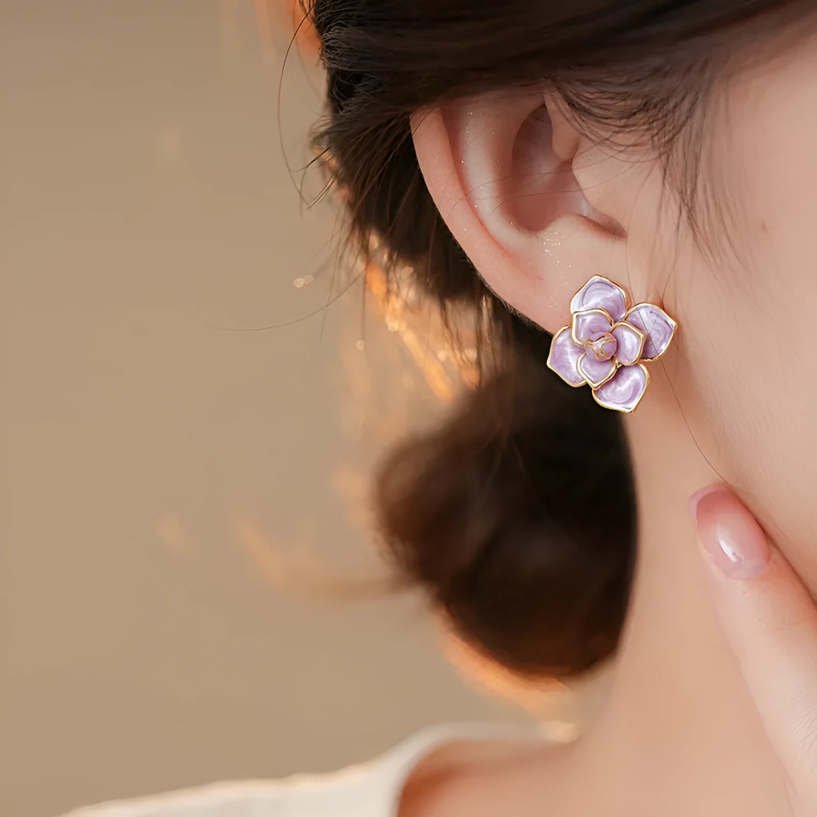 Gold plated purple oil-spot glaze flower stud earrings on copper with fresh floral design