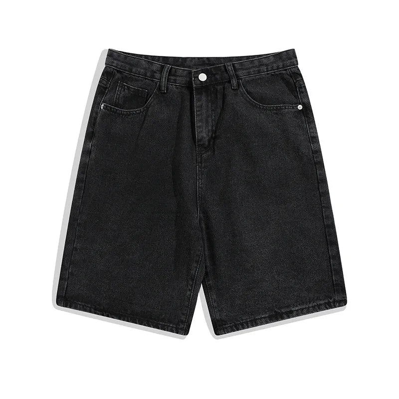 Men's light blue denim shorts with a straight-leg cut and zip fly, laid flat