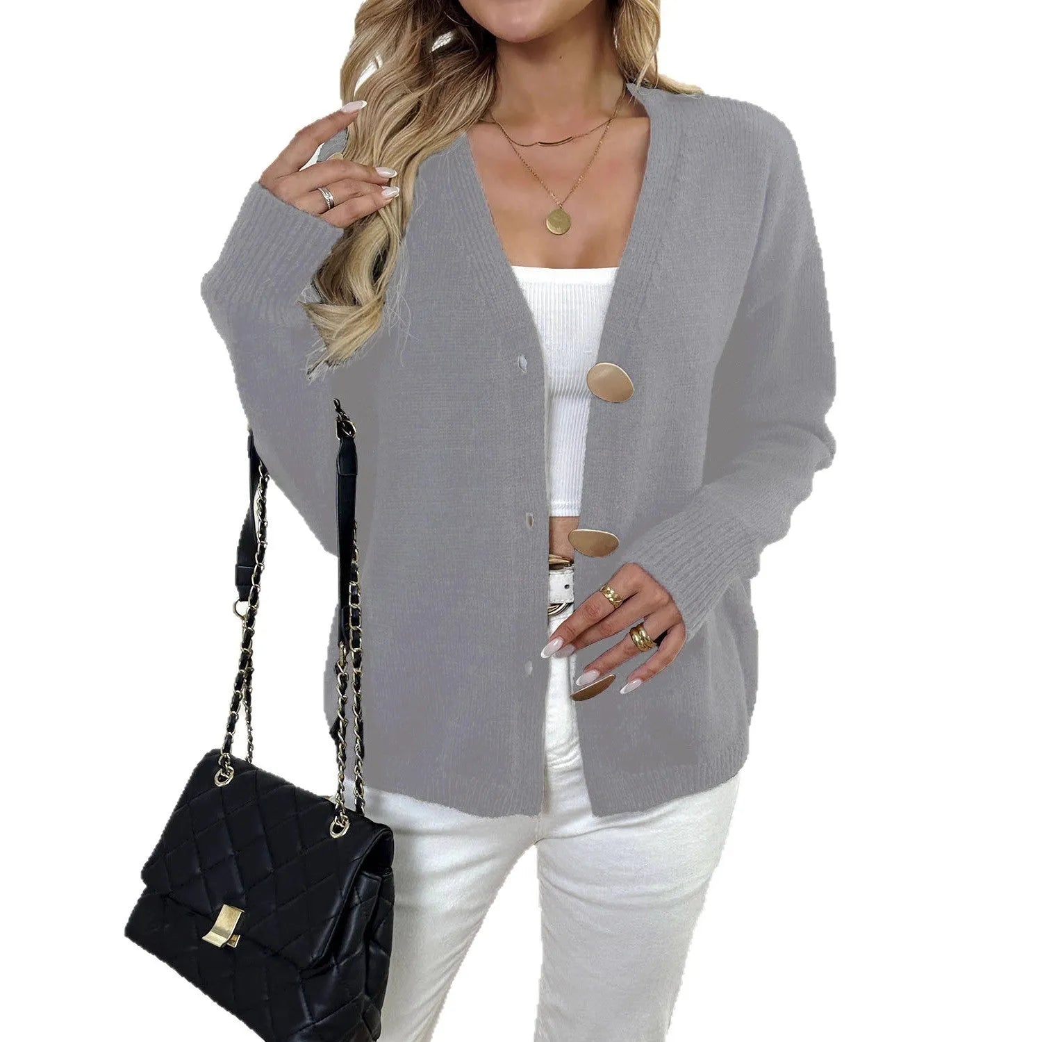 Women's deer plush long sleeve sweater coat with Inverness collar in black or grey