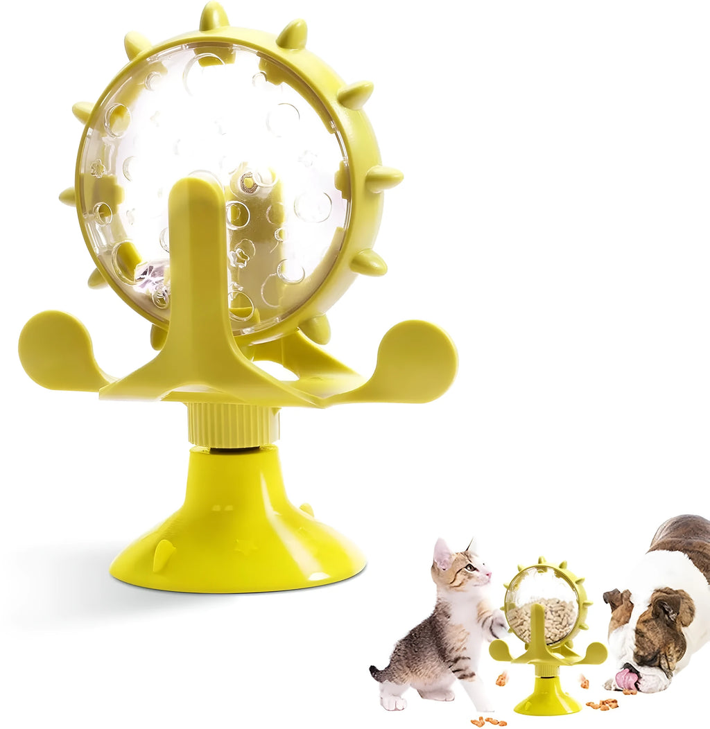 Interactive pet puzzle slow feeder toy with suction cup base in blue, green, red, or yellow colour.