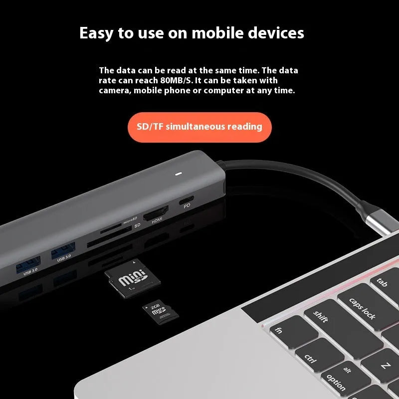 LQT-LH07 7-in-1 USB C hub with SD and TF card reader slots for laptop connectivity.