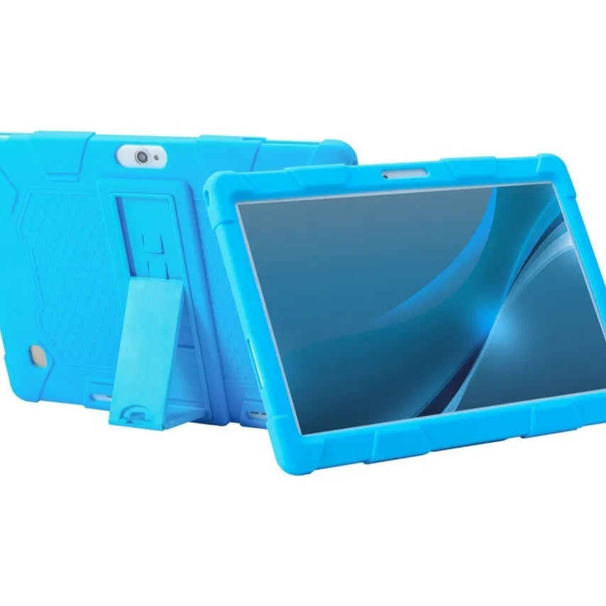 Little Overlord H10 Pro M20 10.1-inch tablet in a black silicone protective case with a folded-out stand on the back.