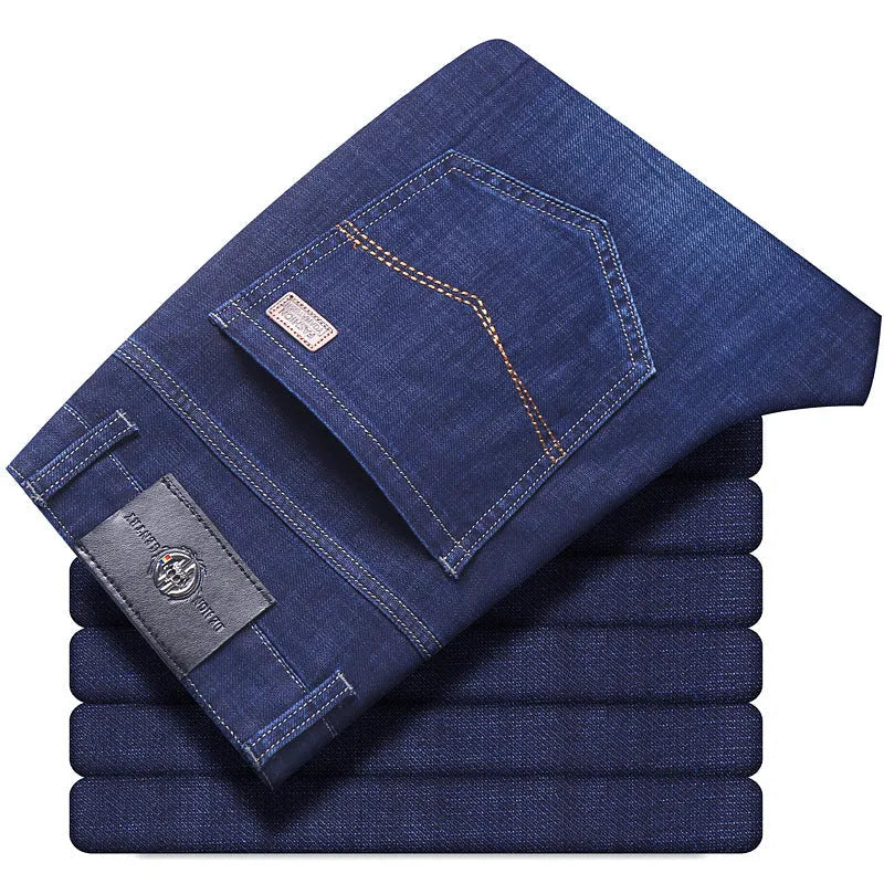 Women's straight-leg stretch jeans in black and blue colours showing business casual styling
