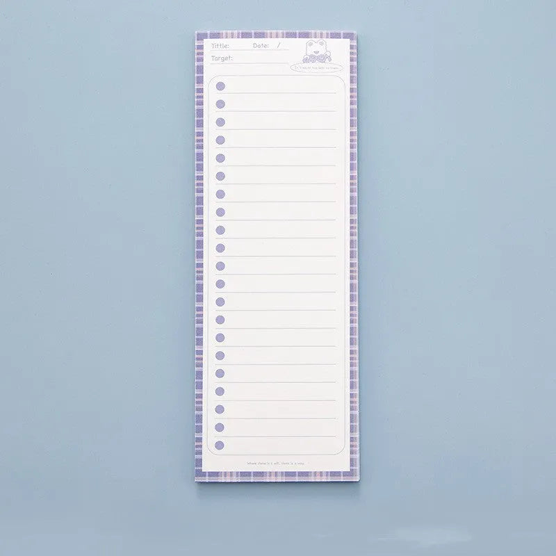 Colourful cartoon sticky note pad in plastic storage box, size 90 by 248 millimetres.