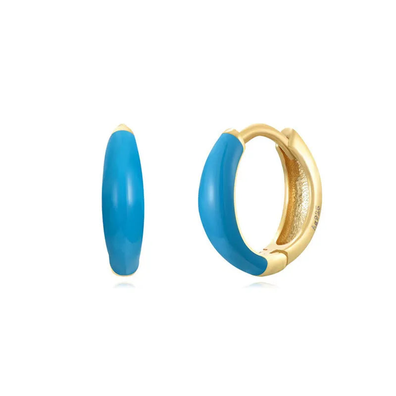 Geometric U-shaped silver earrings with an oval epoxy resin centre in a choice of seven colours.