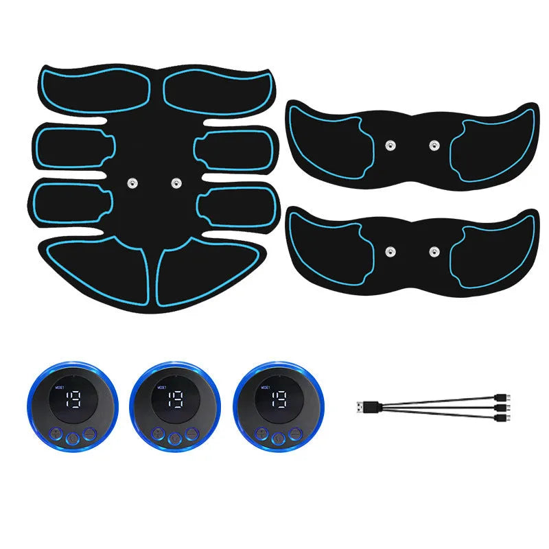 Abdominal muscle patch set with digital display charging in red, blue or yellow edge trim