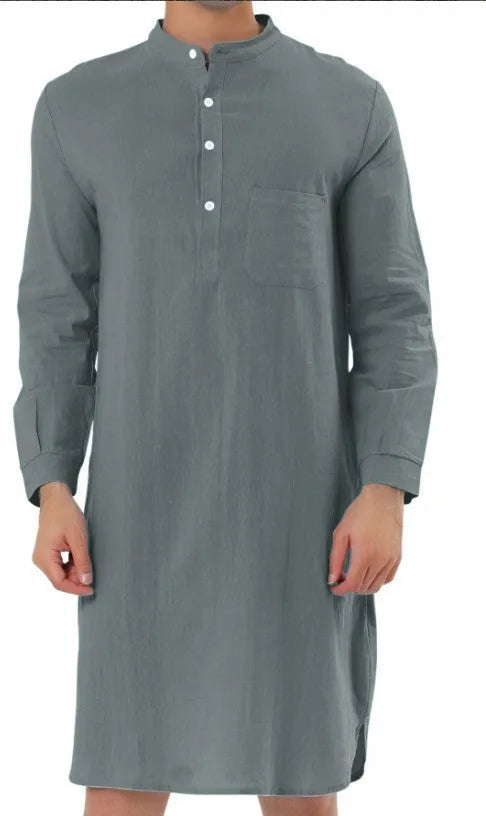 Men's cotton shirt robe in a shirt style with two front pockets, shown in one of nine available colours.