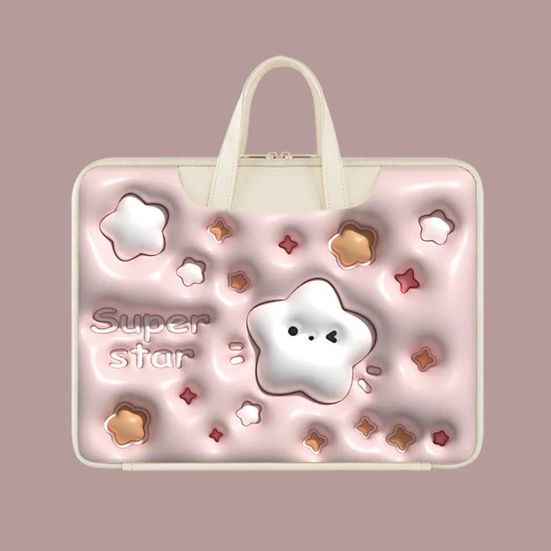 Inflatable PU leather laptop bag with suitcase hanger in cute panda print for a 15.6-inch device.